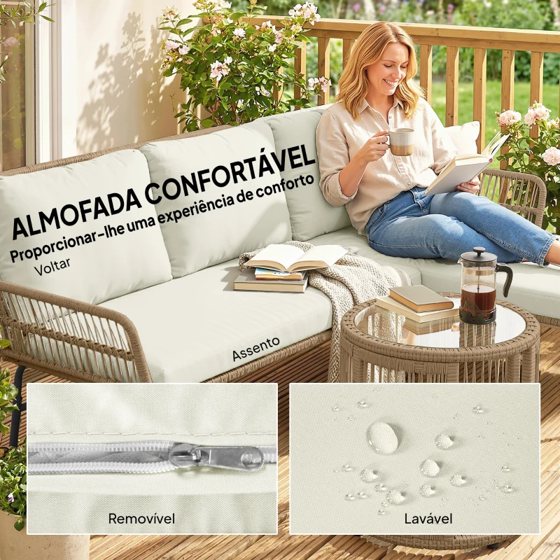 Outsunny Conjunto de Móveis de Jardim Exterior em Ratã com Sofá de 2 Lugares Chaise Longue Almofadas e Mesa Creme