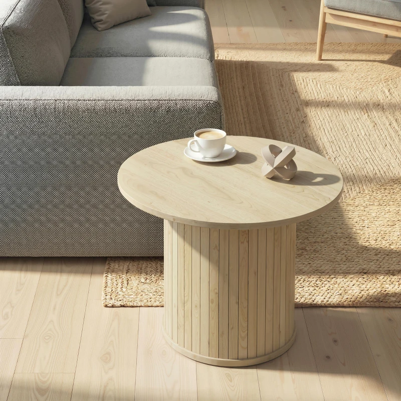 HOMCOM Tavolino da Salotto Rotondo con Base a Colonna con Listelli per Soggiorno e Camera, Ø60x40 cm, Color Legno Naturale