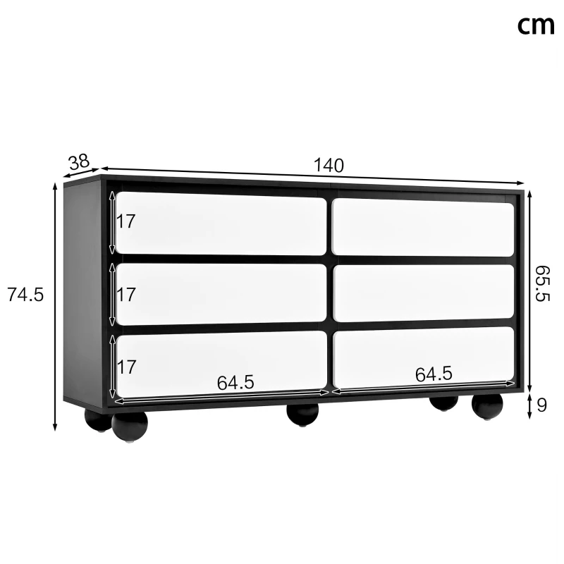 Commode à six tiroirs, coins arrondis des tiroirs, 140x38x74,5 cm, Noir