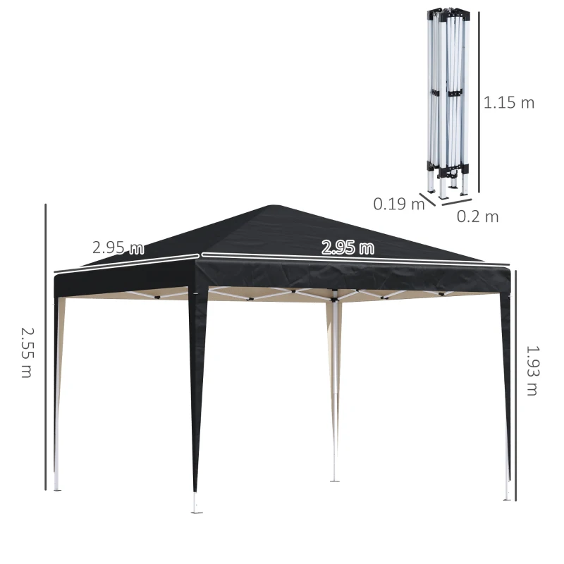 Outsunny Pavilion, 2,95 x 2,95 m pavilion pop-up pliant, pavilion de grădină, cort petrecere, protecție UV, oțel+material Oxford, Negru