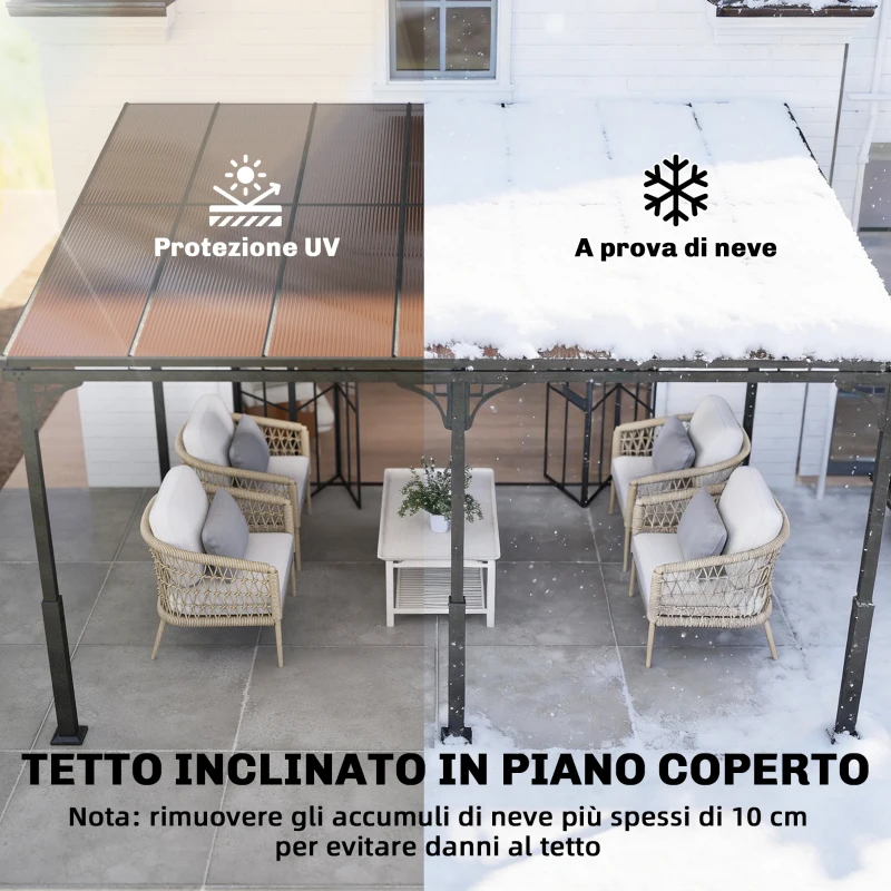 Outsunny Pergola Addossata 4x3 m con Tetto in Policarbonato, Metallo e Alluminio con Viti, Marrone