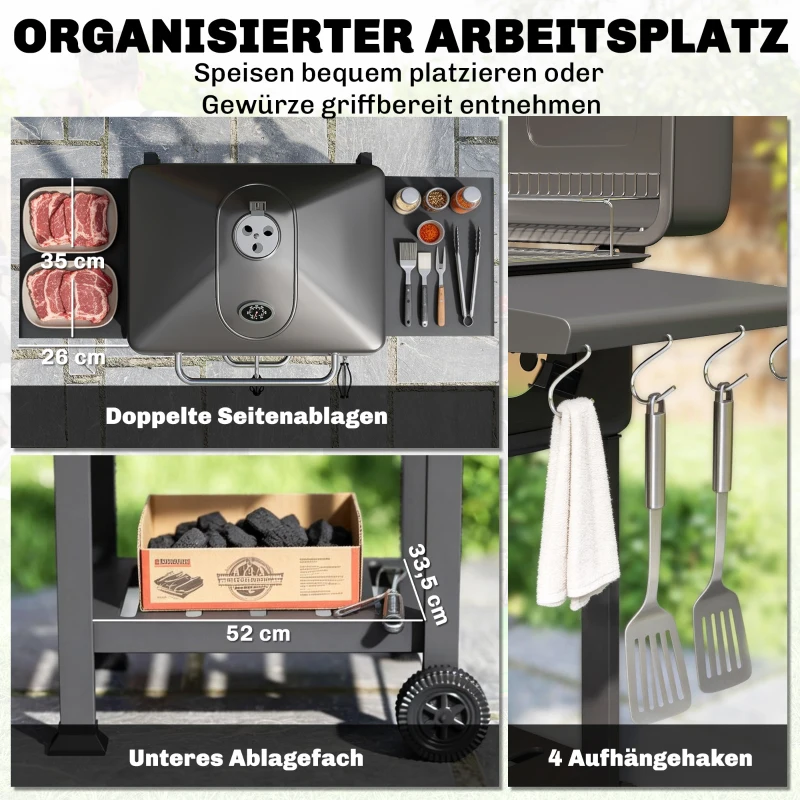 Outsunny Holzkohlegrill BBQ Smoker mit Deckel Thermometer höhenverstellbar Kohlepfanne Grillrost Seitentisch Aschefach