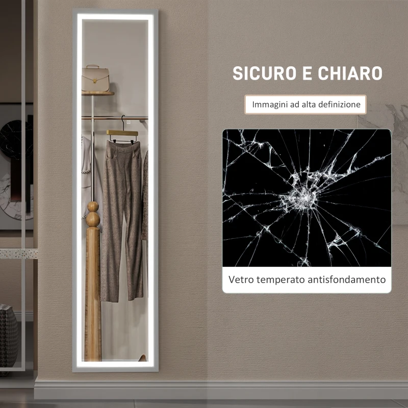 HOMCOM Specchio Illuminato con Luci LED Regolabili e Pulsante Touch, in Vetro e MDF, 40x5x160 cm, Bianco