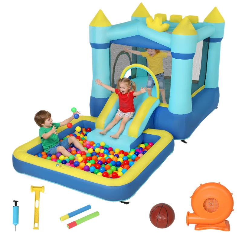 AIYAPLAY Castelo Insuflável para Crianças com Insuflador, Escorrega, Cama Elástica, Piscina e Aro de Basquetebol para Crianças dos 3 aos 8 Anos, Azul