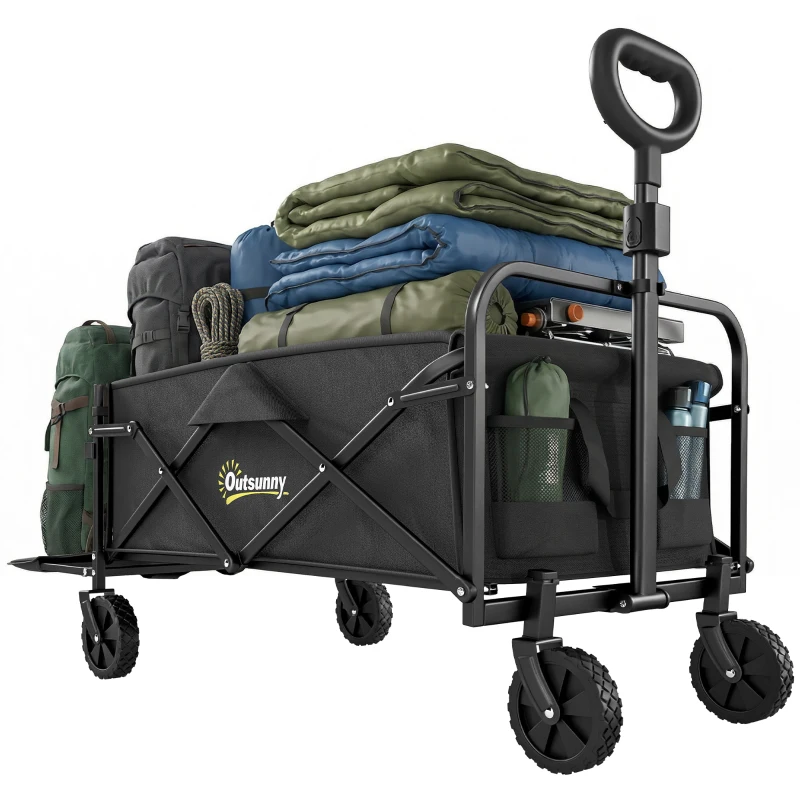 Outsunny Carrito de jardín 72 L plegable con mango regulable, en acero y tejido Oxford, 114x46x92 cm, Negro