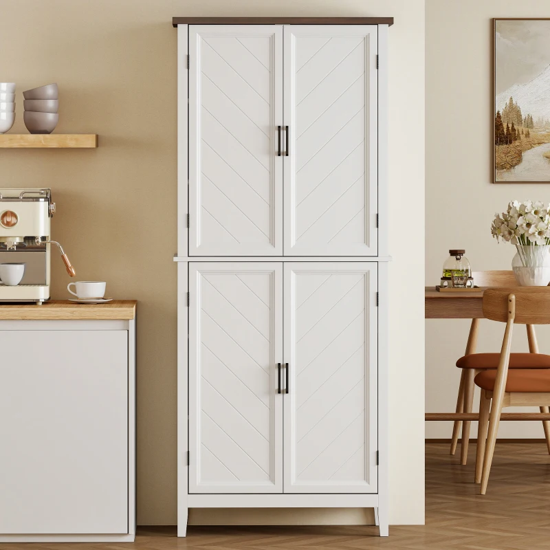 HOMCOM Credenza Alta Cucina 6 Livelli, Armadio da Cucina con 4 Ante a Spina di Pesce e 4 Ripiani Regolabili, 76x40x178,5 cm, Bianco