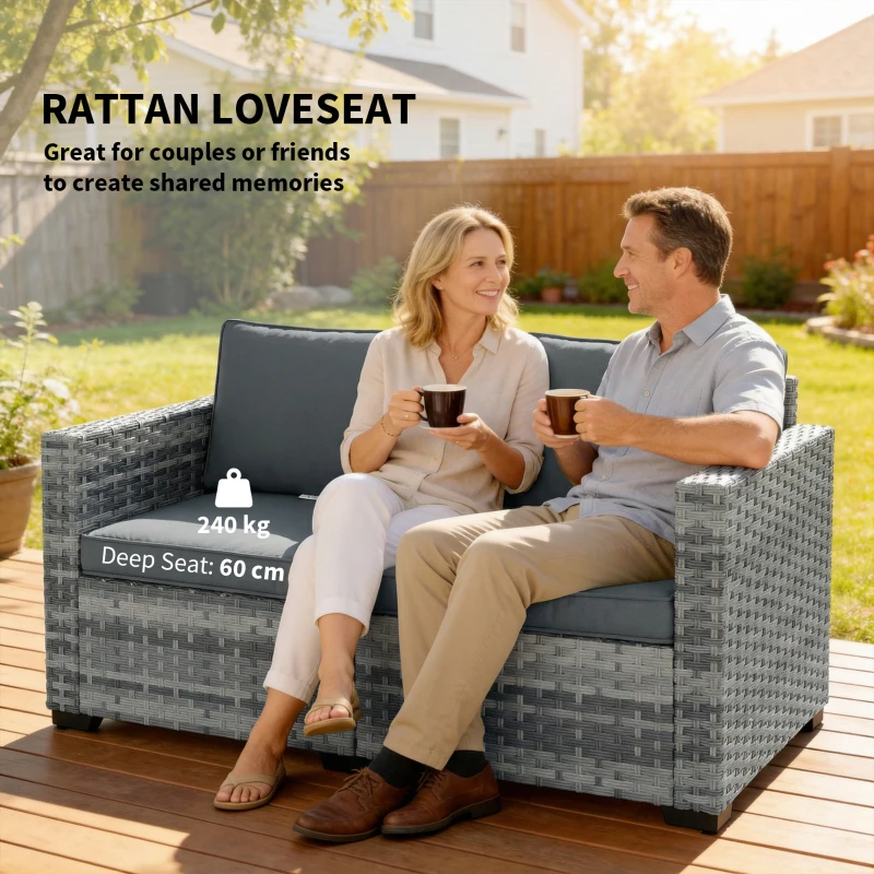 Outsunny 2 Seater Rattan Sofa, Outdoor Garden Sofa with Deep Seat, Cushions, Wide Armrests for Patio, Balcony, Porch, Mixed Grey