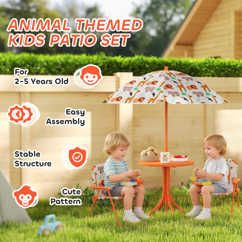 AIYAPLAY Kids Patio Set, Children Table and Chair Set, Outdoor Picnic Table with 2 Folding Chairs and Umbrella, Orange