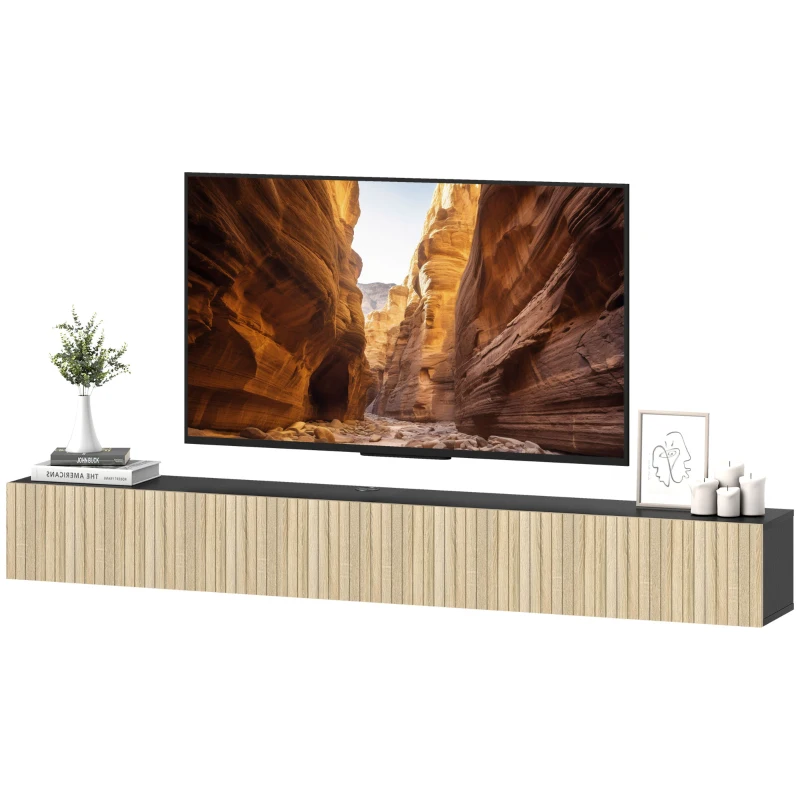HOMCOM Mueble TV suspendido 140 cm, mueble para televisor 182,88 cm, 2 puertas abatibles, 140x25x22 cm, madera natural y negro
