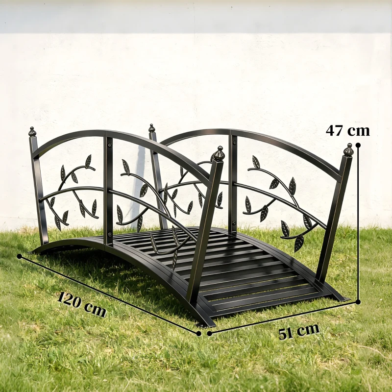 Outsunny Ponte da Giardino in Metallo 1,2 m, Ponte Decorativo per Stagni con Ringhiere di Sicurezza e Design a Foglie, Nero