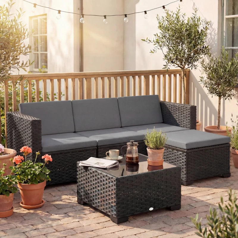 Outsunny 5-Piece Modular Wicker Garden Set with Cushions, Gray Corner Sofa