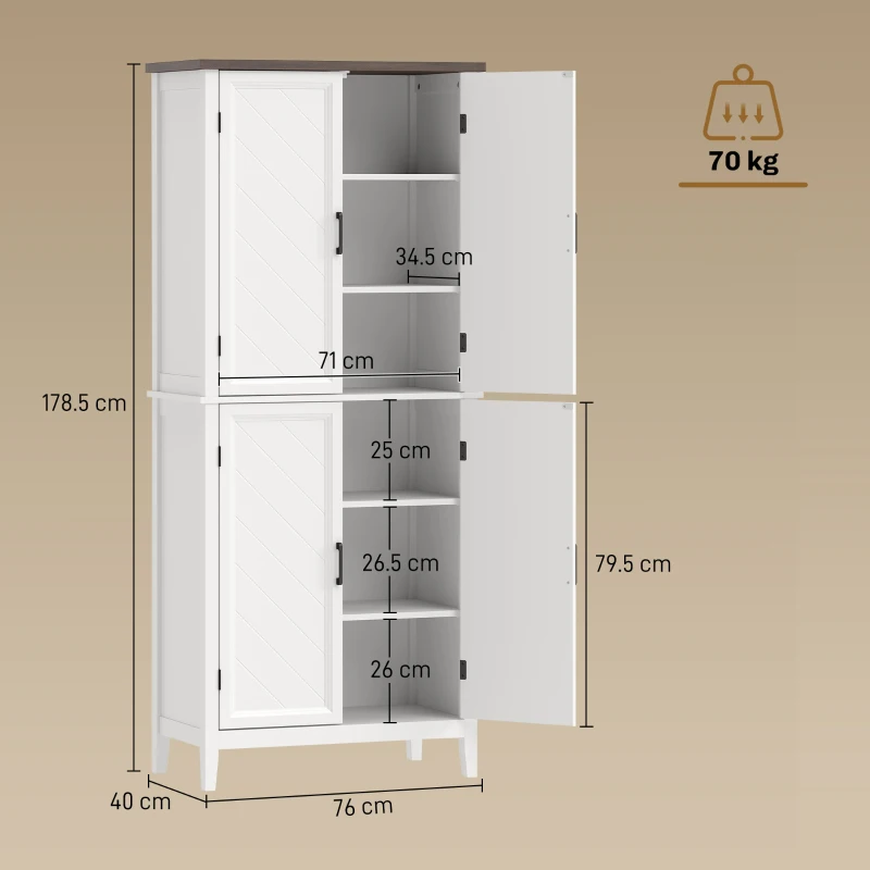 HOMCOM Credenza Alta Cucina 6 Livelli, Armadio da Cucina con 4 Ante a Spina di Pesce e 4 Ripiani Regolabili, 76x40x178,5 cm, Bianco