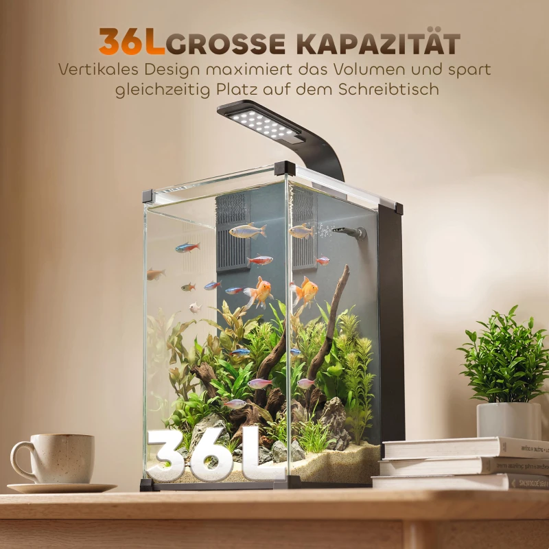 PawHut Aquarium Komplettset 36L Nano Aquarium mit LED-Beleuchtung Filtersystem Pumpe Zirkulation 30 x 30 x 45,5 cm Schwarz