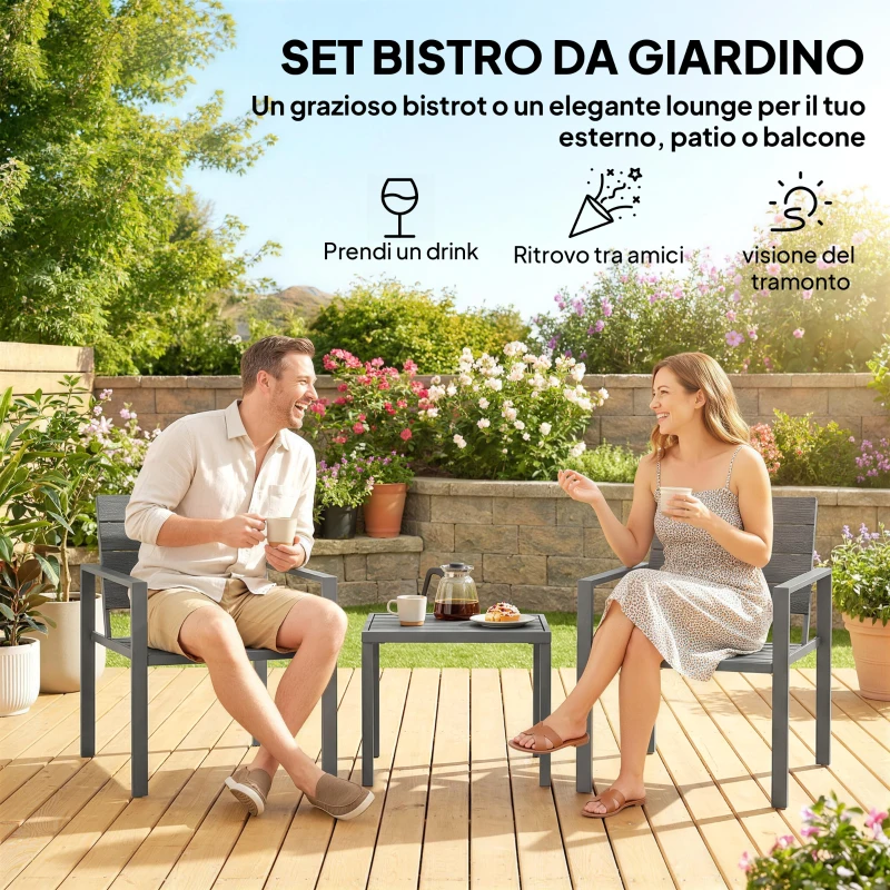 Outsunny Set da Giardino 3pz con 2 Sedie da Esterno e Tavolino da Caffè, in HDPE e Metallo, Grigio Scuro