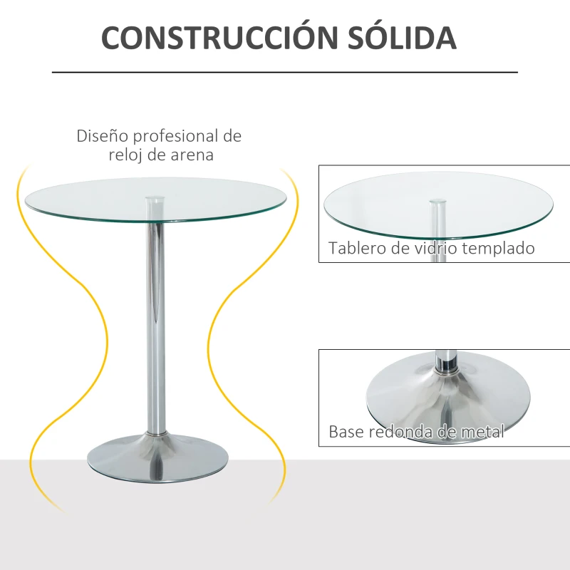 HOMCOM Mesa de Comedor Redonda para 2 Personas Mesa de Cocina Moderna con Superficie de Vidrio Templado para Salón Plateada