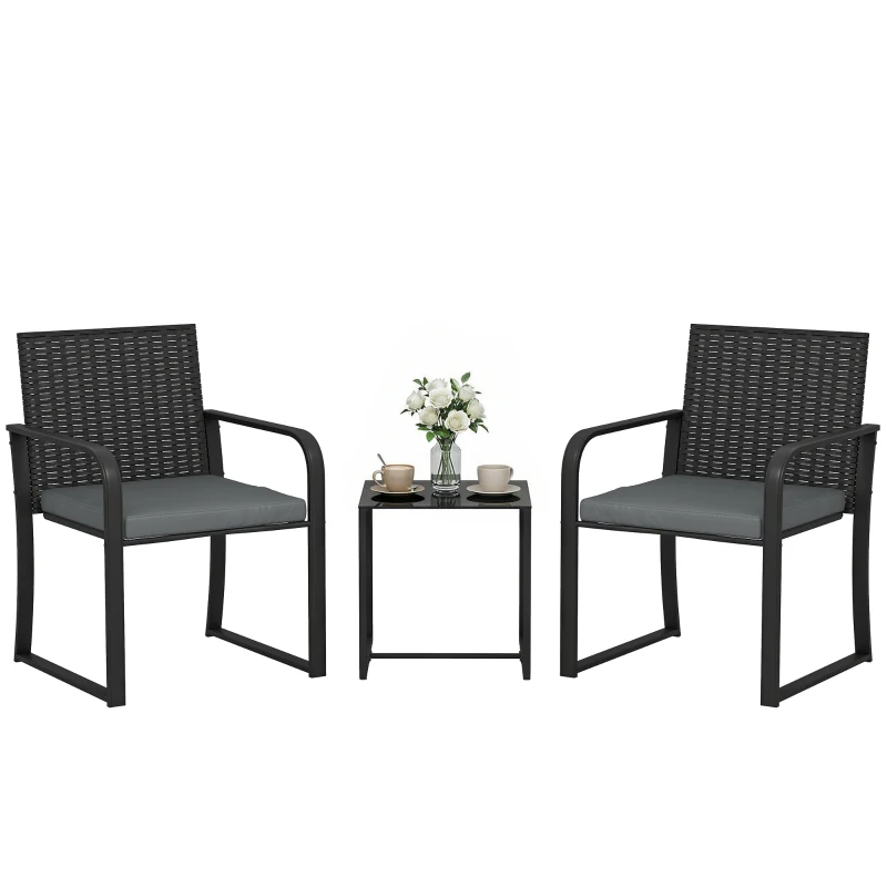 Outsunny Set di Mobili da Giardino in Rattan Sintetico con 2 Sedie, Cuscini e Tavolino con Piano in Vetro, Grigio
