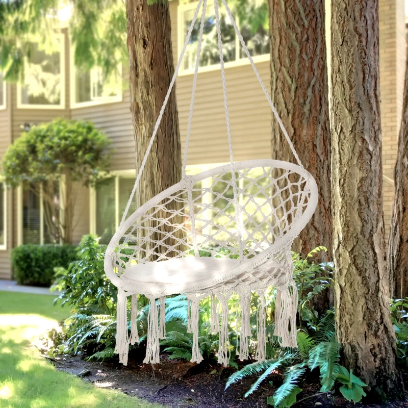 Outsunny Cadeira suspensa redonda Ø60 cm de rede de balanço com almofada e corda de algodão para interior e exterior 80x80x42 cm bege