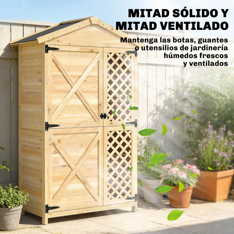 Outsunny Armario de Exterior de Madera con Techo Inclinado Asfalto 2 Puertas con Pestillo 2 Estantes 101,5x49x176 cm Natural