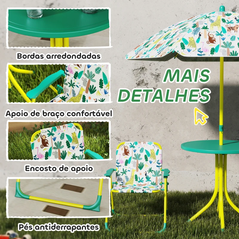 AIYAPLAY Conjunto Infantil de Mesa e Cadeiras de Jardim de 4 Peças Cadeiras Dobráveis Chapéu de Sol Desmontável Design de Selva Verde