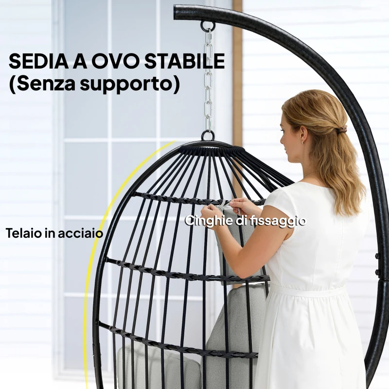 Outsunny Poltrona Sospesa a Uovo con Gancio, Cuscino e Poggiatesta, in Acciaio e Poliestere, 75x62x107 cm, Grigio