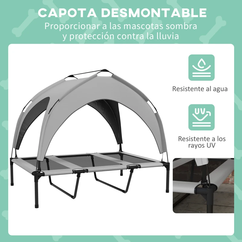 PawHut Cama para Perros Elevada con Toldo Marco de Acero y Bolsa de Transporte para Interior Exterior 106x76x94 cm Gris Claro