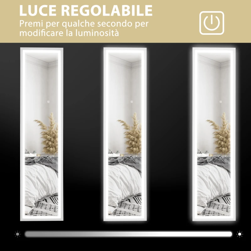 HOMCOM Specchio Illuminato con Luci LED Regolabili e Pulsante Touch, in Vetro e MDF, 40x5x160 cm, Bianco