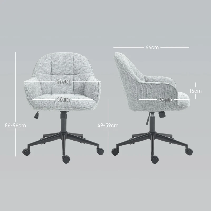 HOMCOM Scaun fauteuil de birou cu spătar și șezut capitonat reglabil în înălțime rotativ 360° bază neagră tapiterie țesătură gri