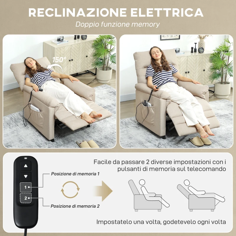 HOMCOM Poltrona Reclinabile con Poggiapiedi, Riscaldamento, 8 Punti Massaggio e 5 Modalità, Tessuto Vellutato, Beige