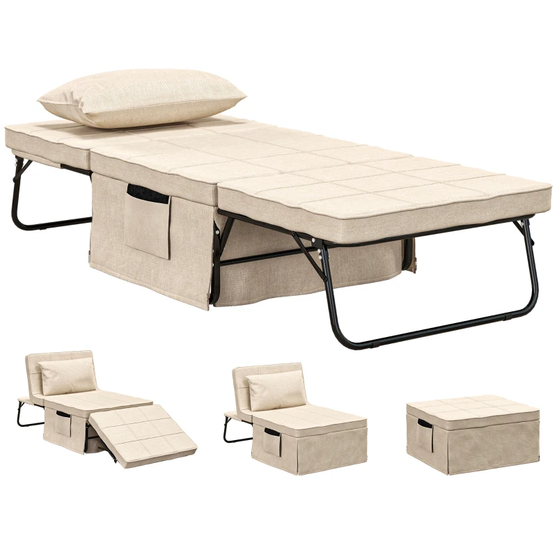 HOMCOM Sillón Cama Tapizado en Lino con Respaldo Ajustable de 5 Niveles Almohada Acolchada 75x80x74 cm Crema