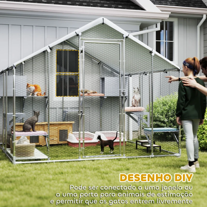 PawHut Gaiola Grande para Gatos Exterior com 2 Casinhas 7 Plataformas para Saltar Cobertura Impermeável e Anti-UV 240x193x195 cm Prata