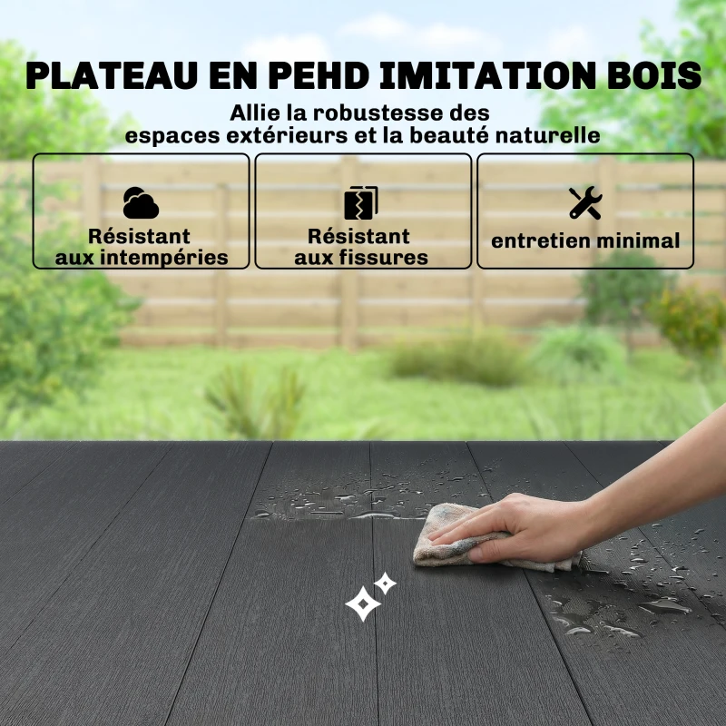 Outsunny Table de jardin rectangulaire pour 4 à 6 personnes, table à manger extérieure Plateau effet bois 150 x 90 x 74 cm, Noir