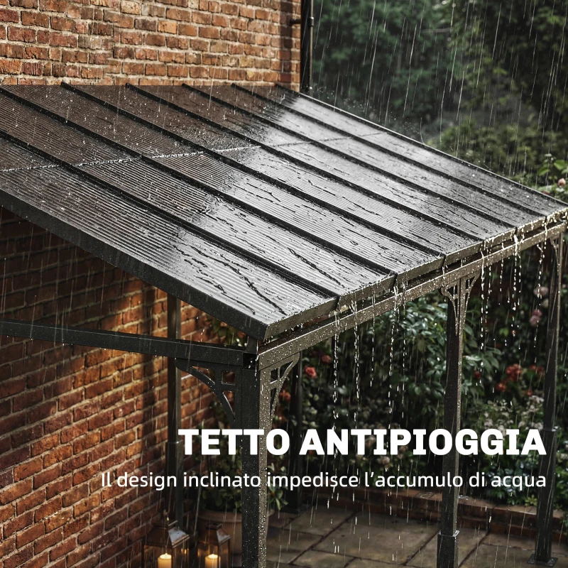 Outsunny Pergola Addossata 4x3 m con Tetto in Policarbonato, Metallo e Alluminio con Viti, Marrone