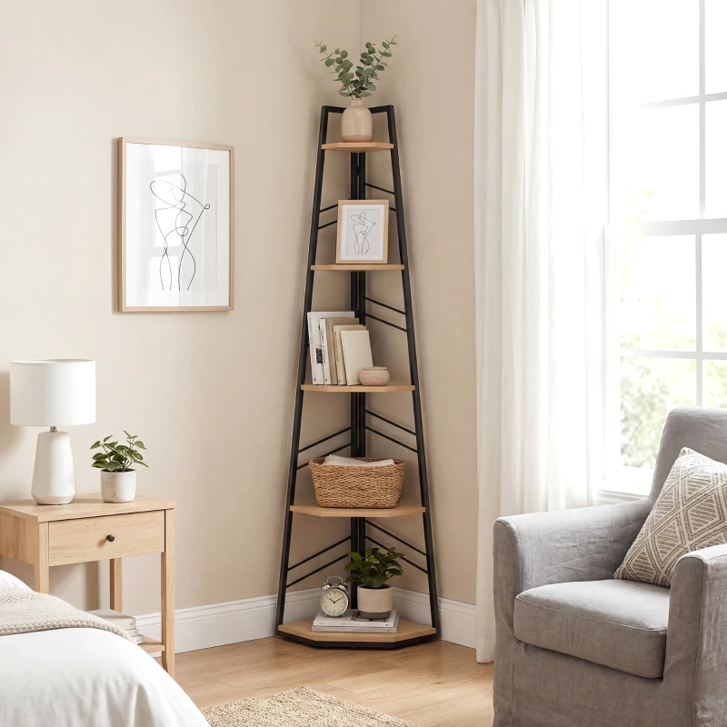 HOMCOM Corner Bookcase, 5-Tier Floor Standing Bookshelf, Shelving Unit for Living Room, Study, Bedroom, Natural Wood Finish