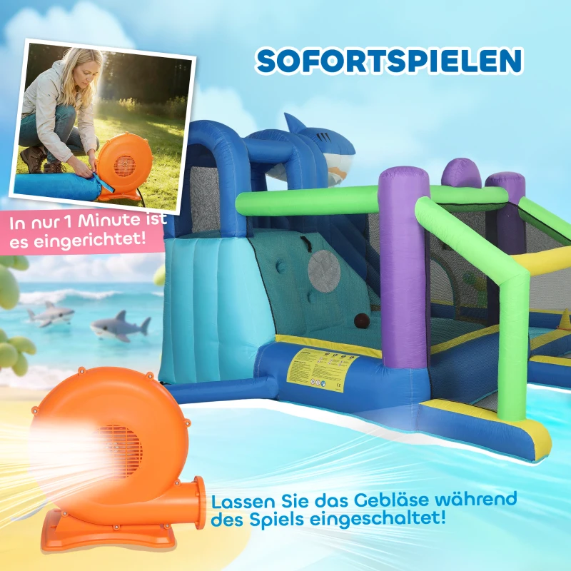 AIYAPLAY 8-in-1 aufblasbar Hüpfburg mit Hai-Design Gebläse Rutsche Planschbecken Trampolin für 3–8 Jahre 405x345x235cm Mehrfarbig