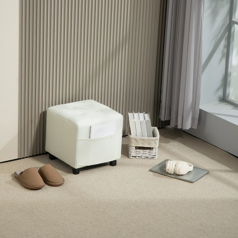 HOMCOM Poggiapiedi capitonné in tessuto effetto lino con tasca laterale, 35x35x35 cm, Crema