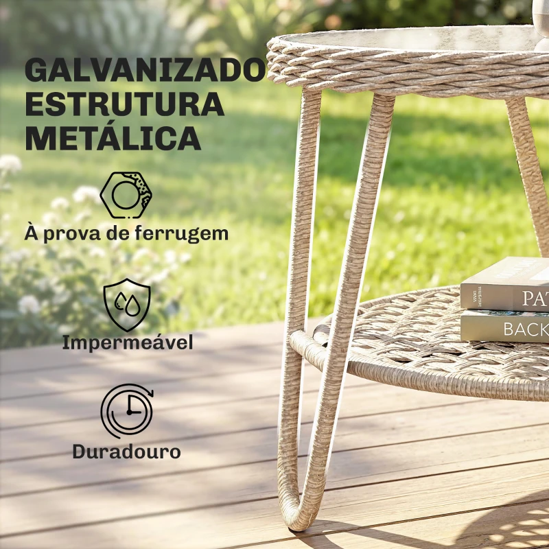 Outsunny Mesa de Jardim Exterior em Ratã Mesinha Auxiliar de Jardim com Prateleira Tampo em Vidro Temperado 65x65x50 cm Amarelo