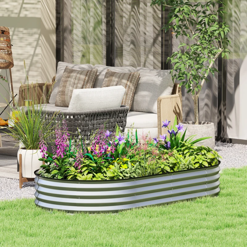 Outsunny Jardinera elevada galvanizada de acero cama de jardín borde caucho 181 x 93 x 30 cm plateado