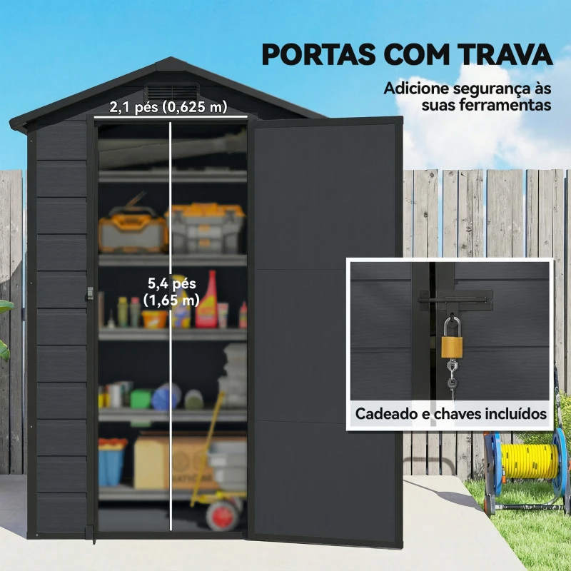 Outsunny Abrigo de Jardim 1,09 m² 128x104x196 cm com Base Porta com Fechadura Janela e Ventilação, Cinzento Escuro