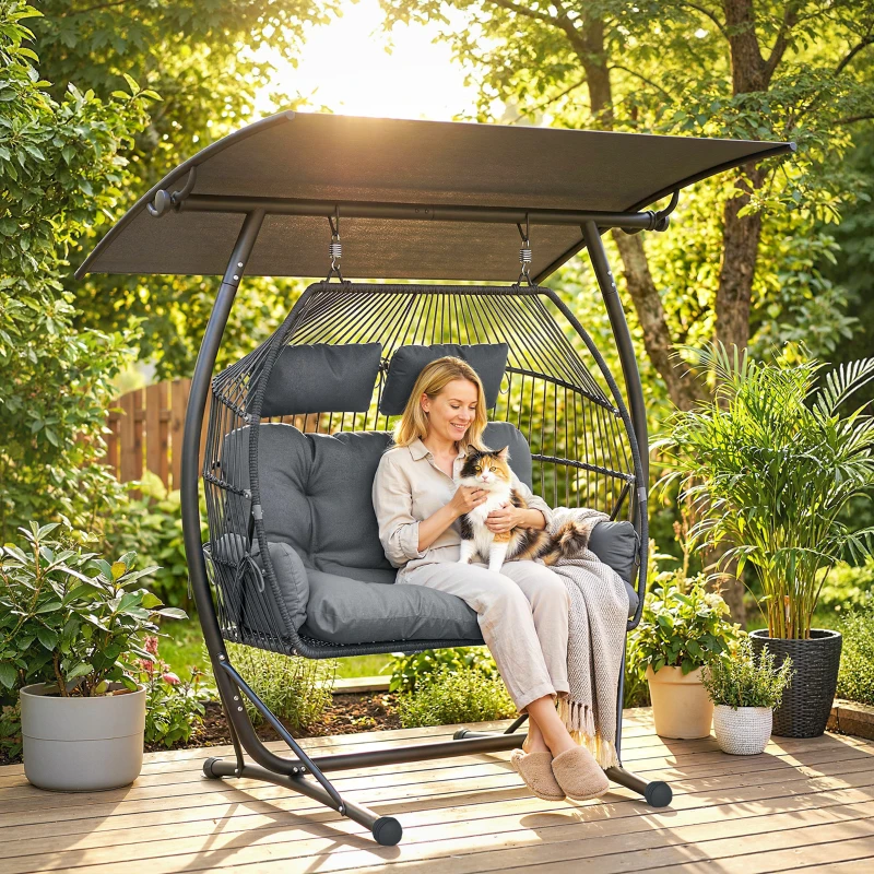 Outsunny Double Hanging Egg Chair with Canopy, Rattan Garden Egg Swing Chair with Cushion, Stand for Indoor Outdoor, Dark Grey