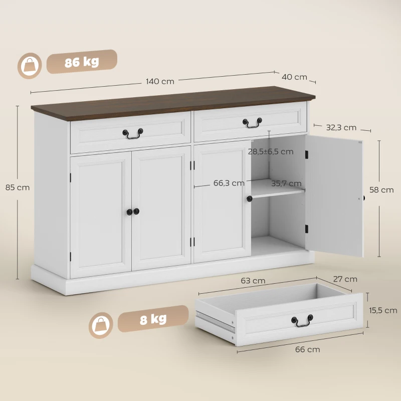 HOMCOM Aparador para salón, mueble de almacenamiento con 4 puertas, 2 cajones silenciosos, estantes ajustables, 140x40x85cm, blanco y marrón
