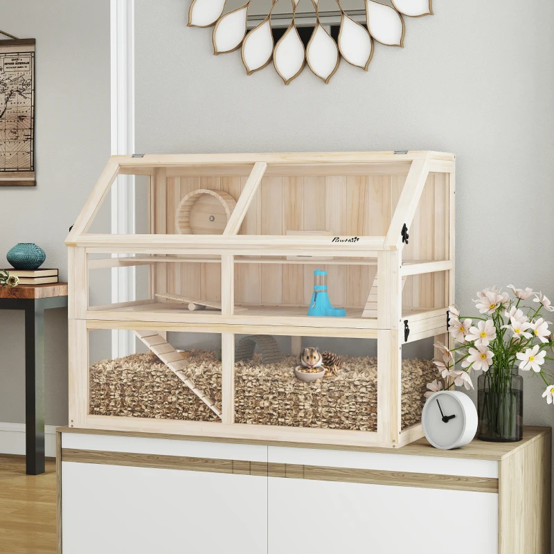 PawHut Houtenen hamsterskooi 3 verdiepingen knaagdierkooi met wip, looprad en huisje 95 x 53 x 76 cm natuurhout