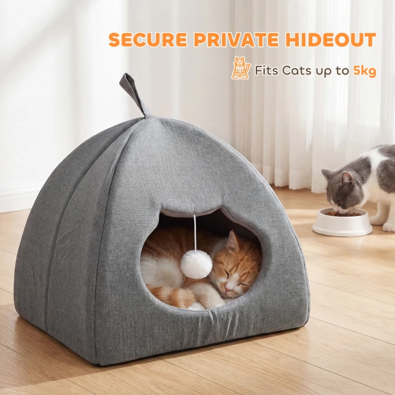 PawHut Cat Cave Bed for Indoor Kittens, Cat House with Removable Cushion and Teaser Ball, Kitty Igloo with Anti-Slip Base, 42 x 42 x 39 cm, Grey
