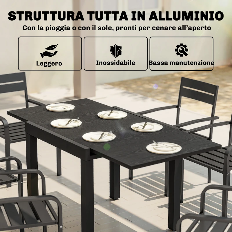 Outsunny Tavolo da Giardino Allungabile per 4-6 Persone con Piano a Doghe, in Alluminio, 80/160x80x75 cm, Nero