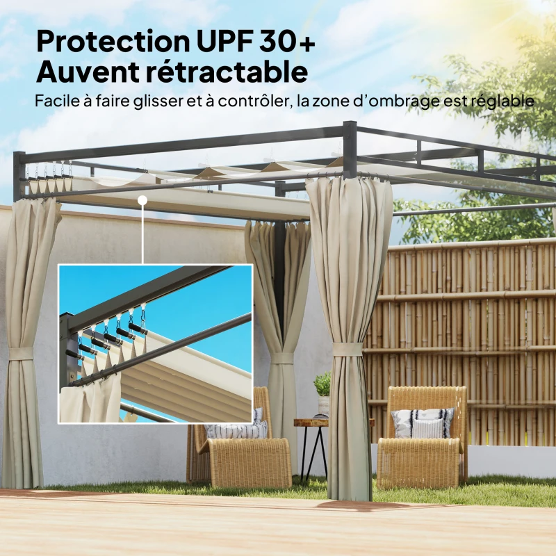 Outsunny Pergola de Jardin Tonnelle de Jardin Extérieur Toit Rétractable 4 Rideaux Protection UV30+3x3m Beige