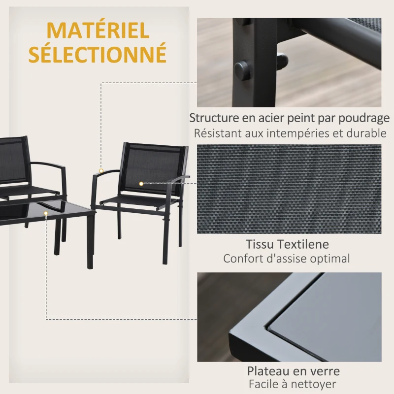 Outsunny Salon de jardin extérieur 4 pièces avec canapé 2 places, 2 chaises et table basse en verre trempé, coussins inclus, noir