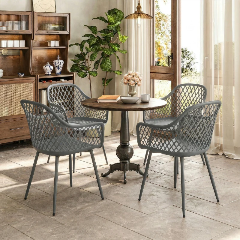 Outsunny Lot de 4 chaises de jardin résistantes aux UV en plastique avec accoudoir et dossier 56 x 51 x 84 cm Gris foncé
