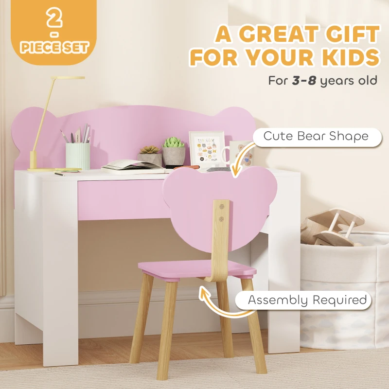 AIYAPLAY Kids Desk and Chair Set with Drawer for Drawing, Reading, Bear Theme Children Furniture for Bedroom, Daycare, Pink
