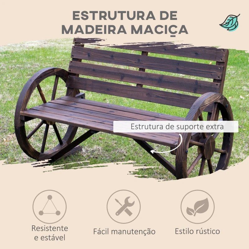 Outsunny Banco de madeira ao ar livre com apoio de braços em forma de roda Vista envelhecida para varanda Terraço 105,5x56x75 cm Marrom rústico