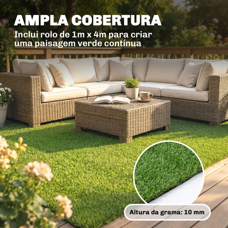 Outsunny Relva Sintética 1m x 4m Tapete de Relva Artificial com Altura de 10 mm Drenagem Automática Verde