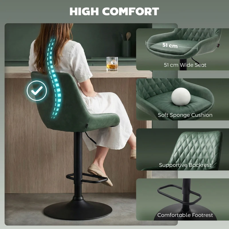 HOMCOM Retro Bar Stools Set of 2, Adjustable Kitchen Stool, Upholstered Bar Chairs with Back, Swivel Seat, Green